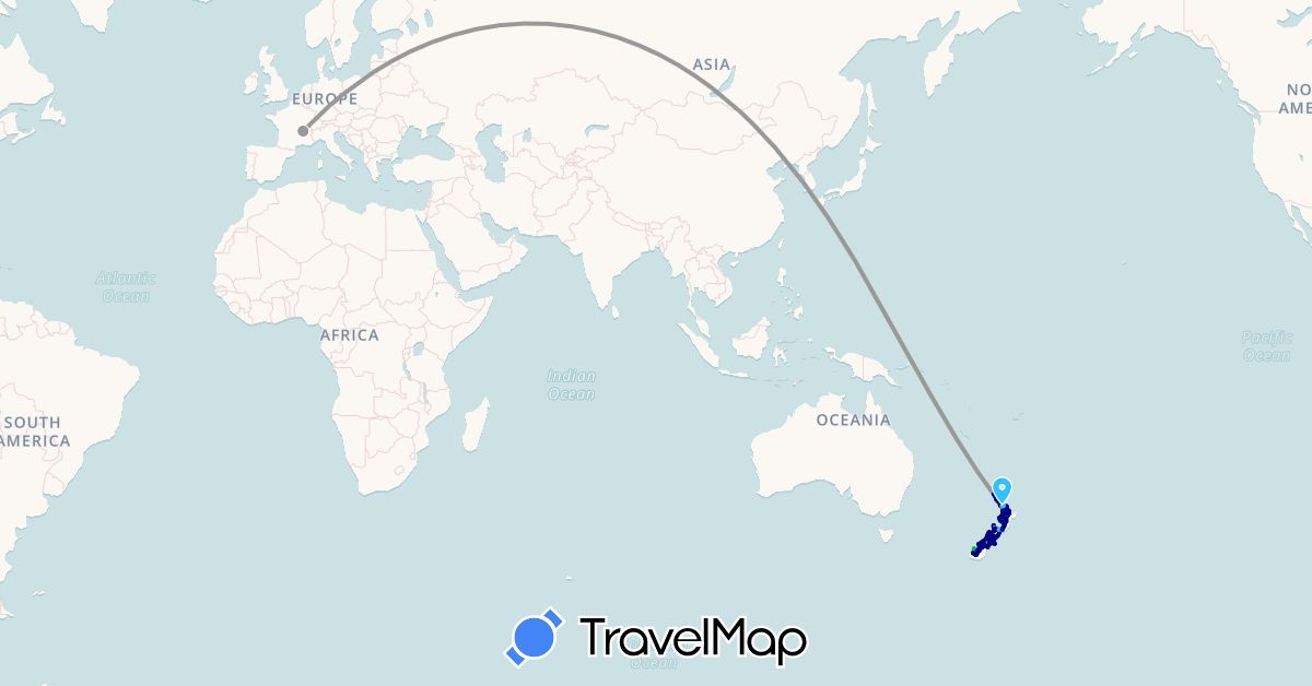 TravelMap itinerary: driving, bus, plane, hiking, boat in France, New Zealand (Europe, Oceania)